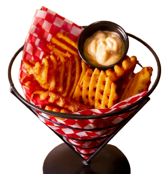 A cone of crinkle-cut fries with a cup of dipping sauce